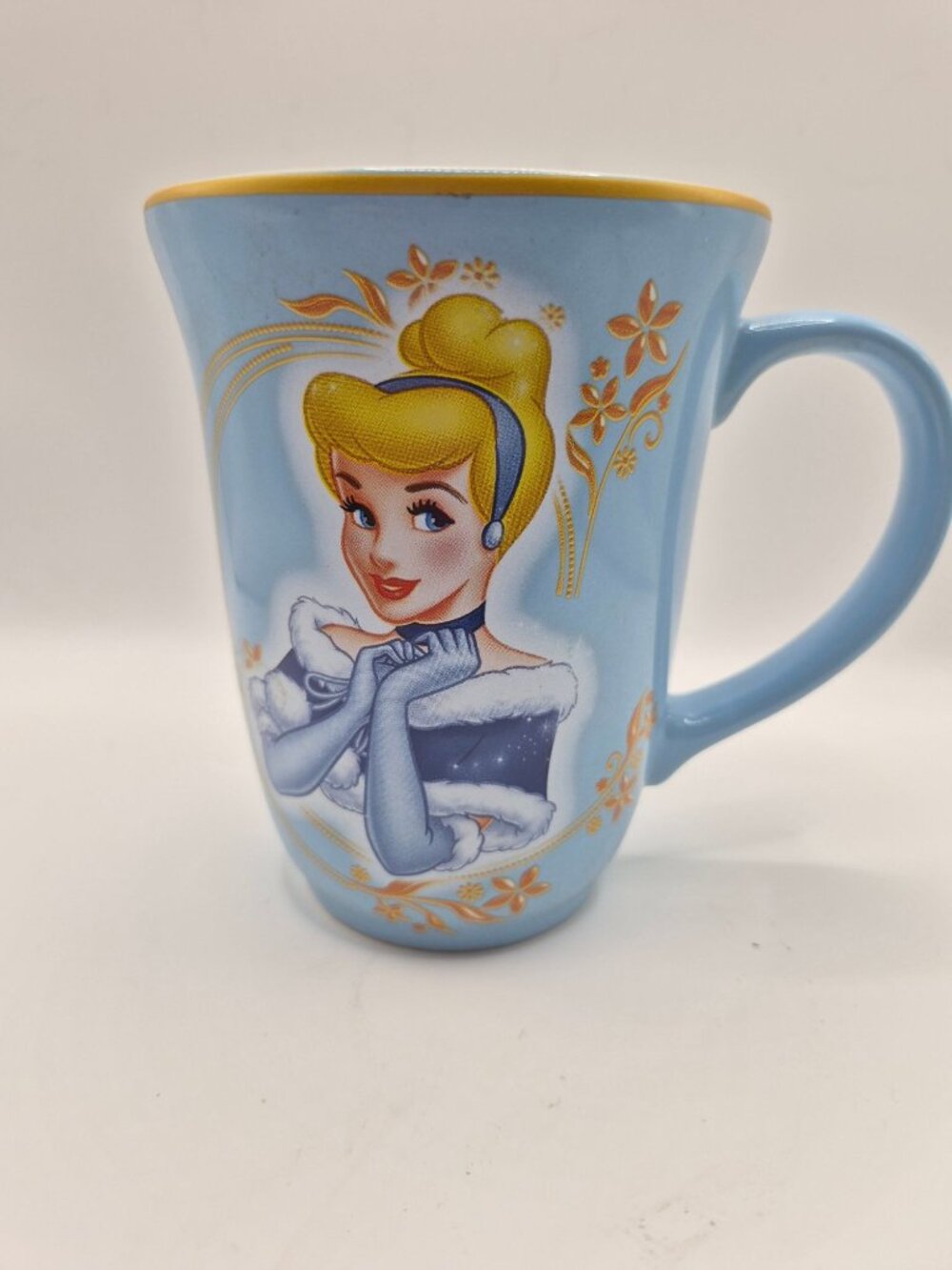 Disney Princess Cinderella Ceramic Mug Blue & Gold Floral Design 12oz